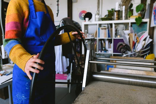 workspace with blue and yellow accents