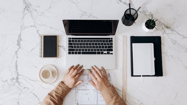 A clear workspace with a planner