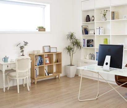 a well-organized home office with plants