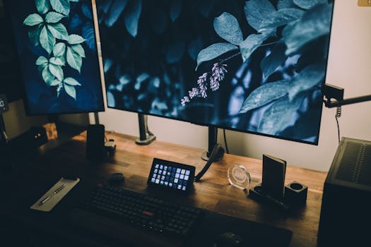 ergonomic desk setup with plants